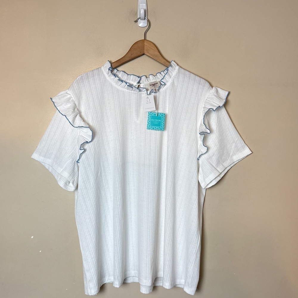 Hayden White Short Sleeve Knit Top with Ruffle Trim - Picture 6 of 12